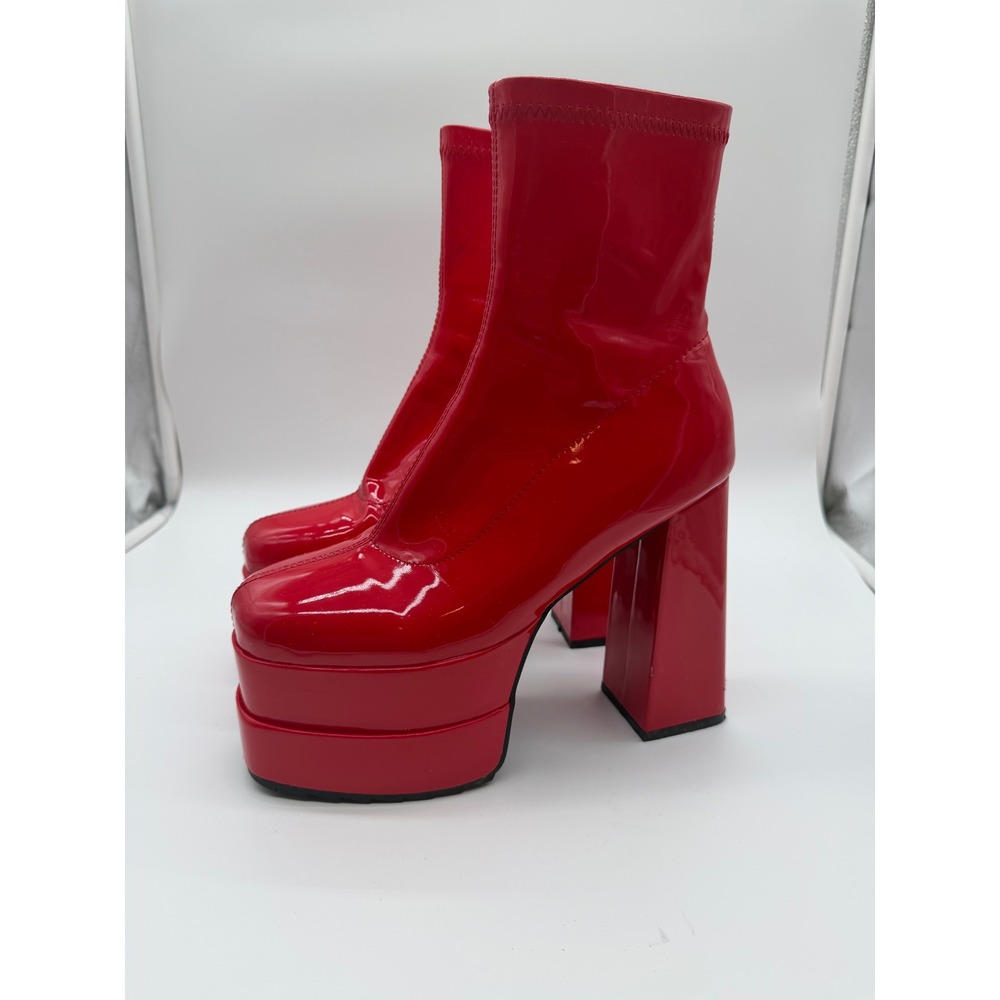 Lamoda Red Patent Double Platform Block Heel Ankle Boots Square Toe Size 9